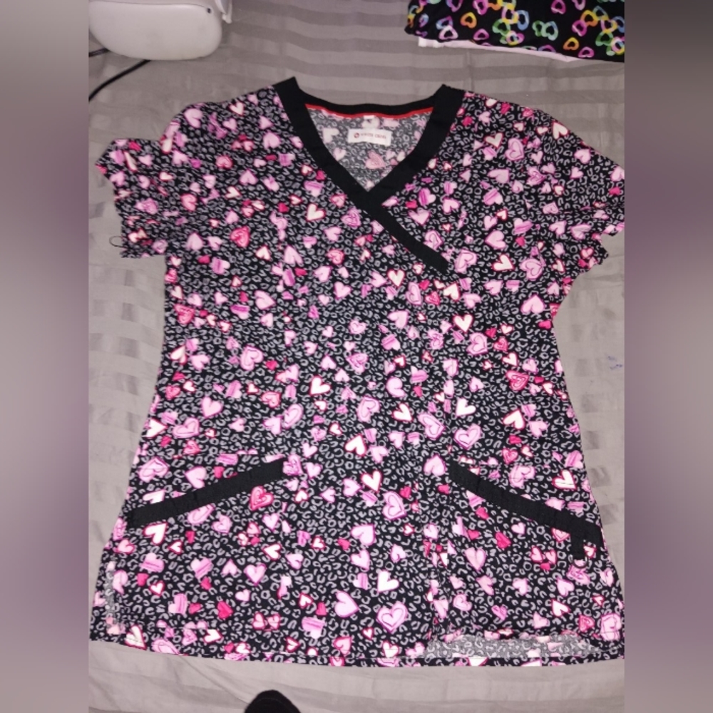 Women's Black Pink & Red White Cross Scrubs Top Size M
